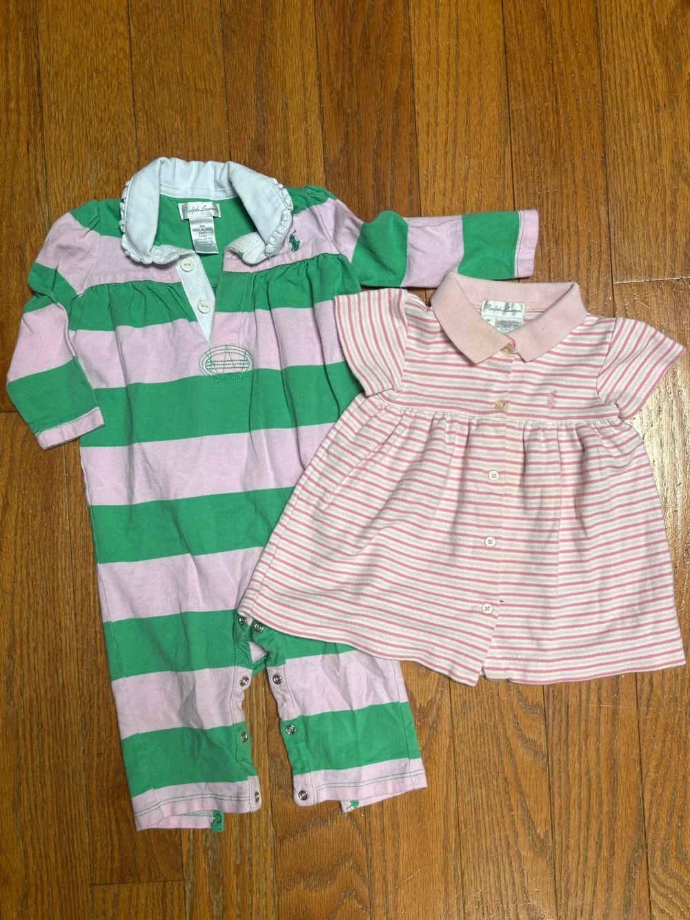 Ralph Lauren Baby Girl 2 Piece Outfit Bundle Pink Green Striped Romper Dress 9M